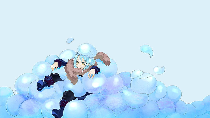 Rimuru Tempest Anime Character Reclining on a Cloud of Glowing Blue Bubbles HD wallpaper