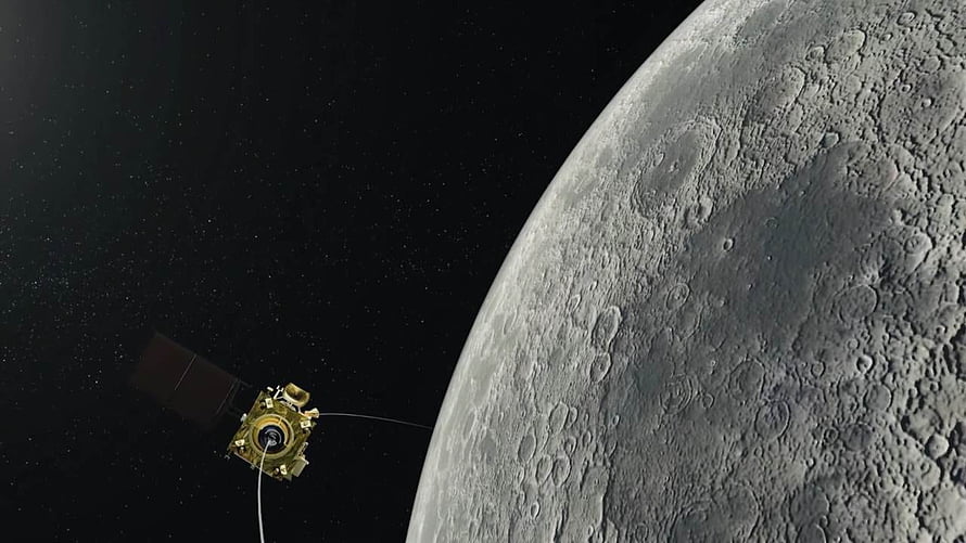 Chandrayaan 2 Orbiter Approaching the Cratered Lunar Surface in Deep Space HD wallpaper