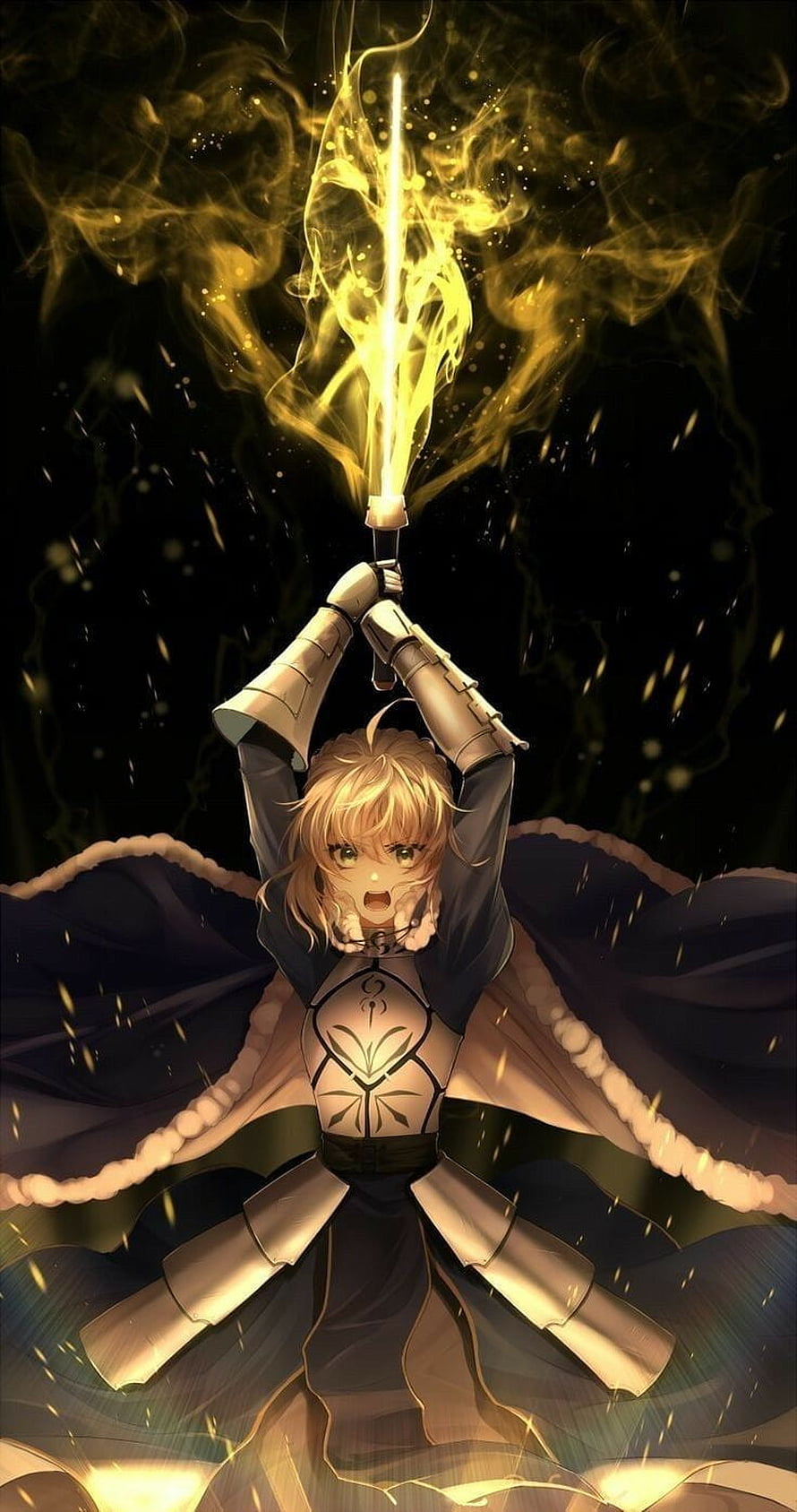 Saber Alter Wielding Excalibur Morgan with Golden Flames HD phone wallpaper