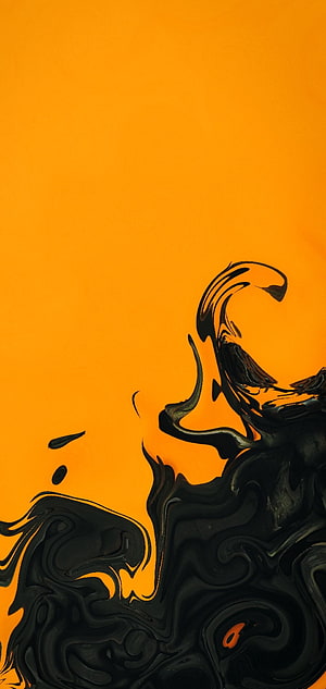 Abstract Black Ink Swirls on Vibrant Orange Background Minimalist Art HD phone wallpaper