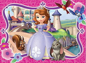 Princess Sofia in Lavender Gown with Castle, Squirrel, Rabbit, and Birds in a Whimsical Disney Scene HD wallpaper