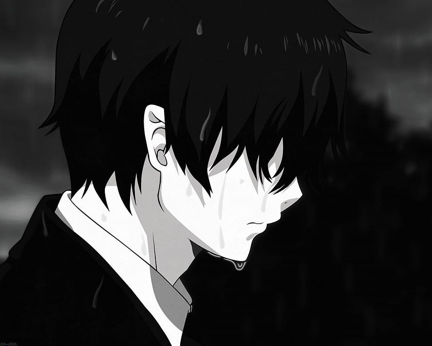 Melancholic Anime Boy in Rain with Dark Hair and Shadowed Expression HD wallpaper