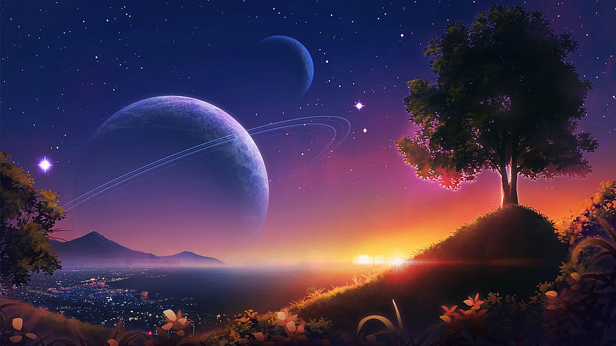 Fantasy Landscape With Giant Ringed Planet And Sunset Over City HD wallpaper