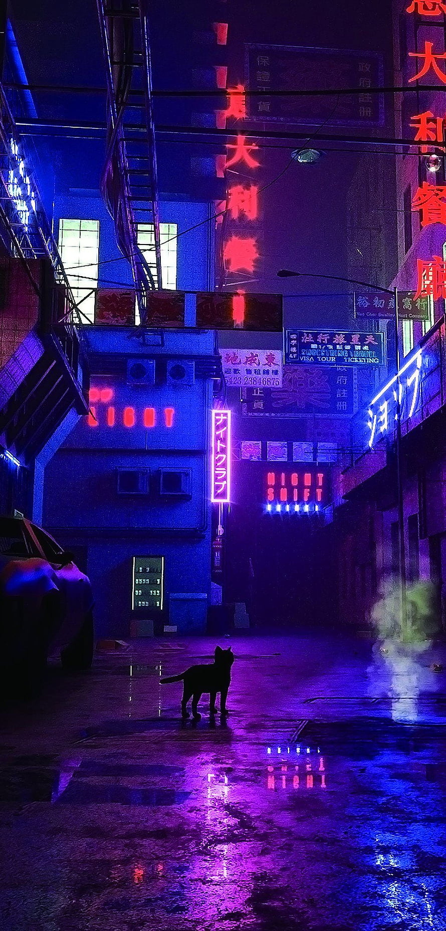 Cyberpunk Alleyway With Neon Signs And A Silhouette Cat On Wet Street HD phone wallpaper