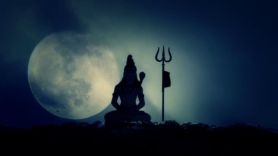 Silhouette of Lord Shiva Meditating Under a Giant Full Moon with Trishul HD wallpaper