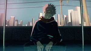 Yuji Itadori Sitting in a Train Car with a City Skyline in the Background from Jujutsu Kaisen HD wallpaper