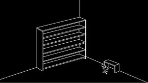 Minimalist Wireframe Office Interior With Bookshelf And Desk On Black Background HD wallpaper