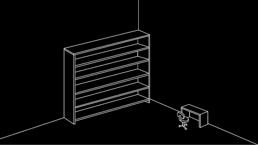 Minimalist Wireframe Office Interior With Bookshelf And Desk On Black Background HD wallpaper