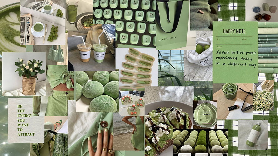 Light Green Aesthetic Mood Board Featuring Matcha, Pastel Accessories, and Soft Tones HD wallpaper