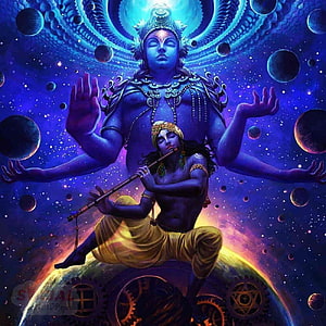 Cosmic Krishna Playing Flute With Vishnu In Space HD phone wallpaper