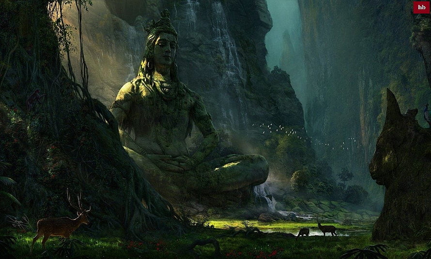 Ancient moss-covered deity statue meditating in a mystical jungle with waterfall and deer HD wallpaper