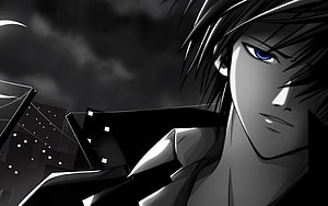 Dark Anime Male Character with Blue Eyes and Spiky Hair in Moody Night Setting HD wallpaper