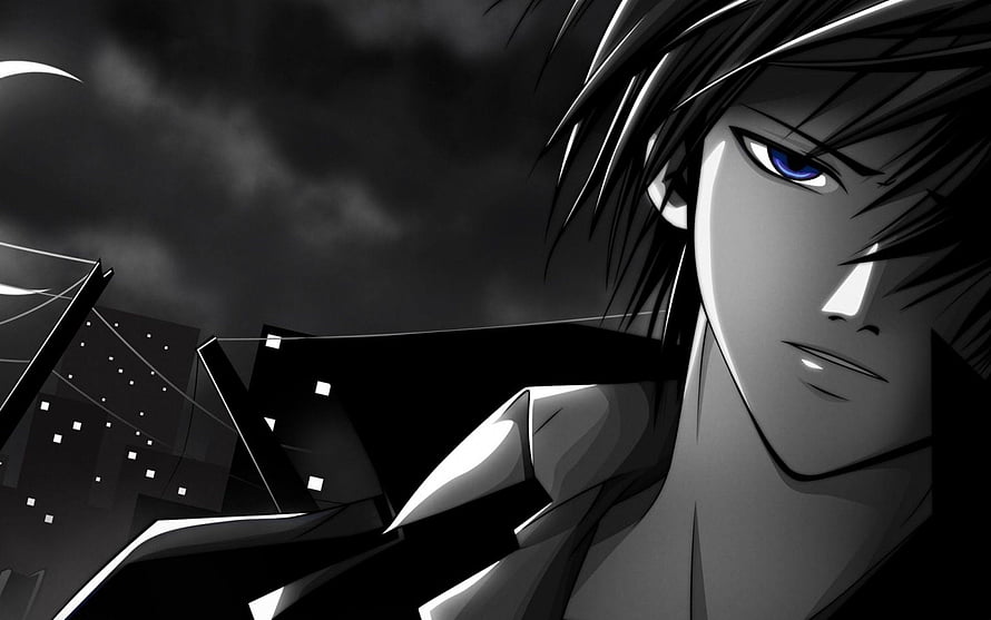 Dark Anime Male Character with Blue Eyes and Spiky Hair in Moody Night Setting HD wallpaper