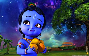 Cute Baby Krishna Holding Mangoes Under Starry Night Sky, Little Krishna Full Size, anime of krishna in cartoon HD wallpaper