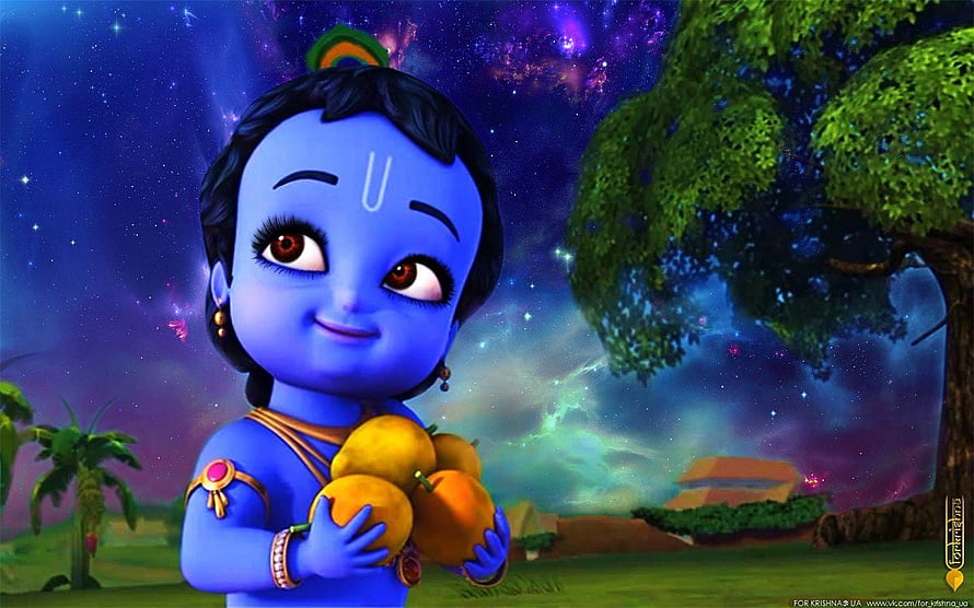 Cute Baby Krishna Holding Mangoes Under Starry Night Sky, Little Krishna Full Size, anime of krishna in cartoon HD wallpaper