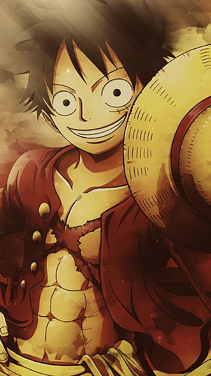 Monkey D. Luffy Anime Portrait in Red Jacket and Straw Hat HD phone wallpaper