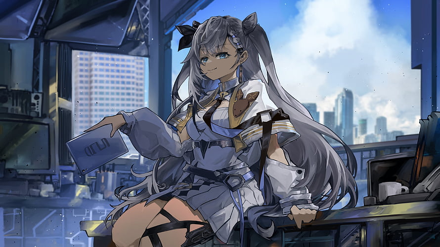 Penguin Logistics Operator in Tactical Uniform Sitting in Futuristic Cityscape HD wallpaper