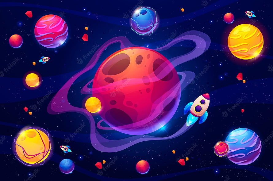 Colorful Cartoon Space Scene with Planets, Rockets, and Nebulae HD wallpaper