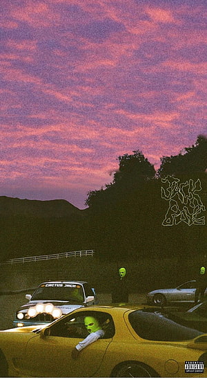 Jackboys Out West Album Cover Art with Neon Masks and Sunset Sky HD phone wallpaper