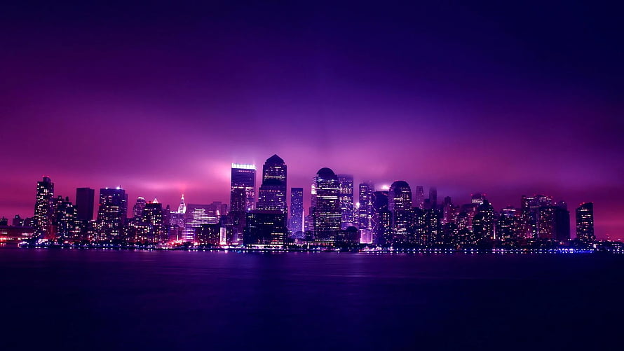 New York City Skyline at Night with Purple and Pink Neon Sky Reflections on Water HD wallpaper
