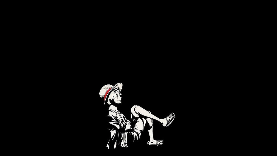 One Piece Luffy Sitting Silhouette Minimalist Black and White Anime Illustration HD wallpaper
