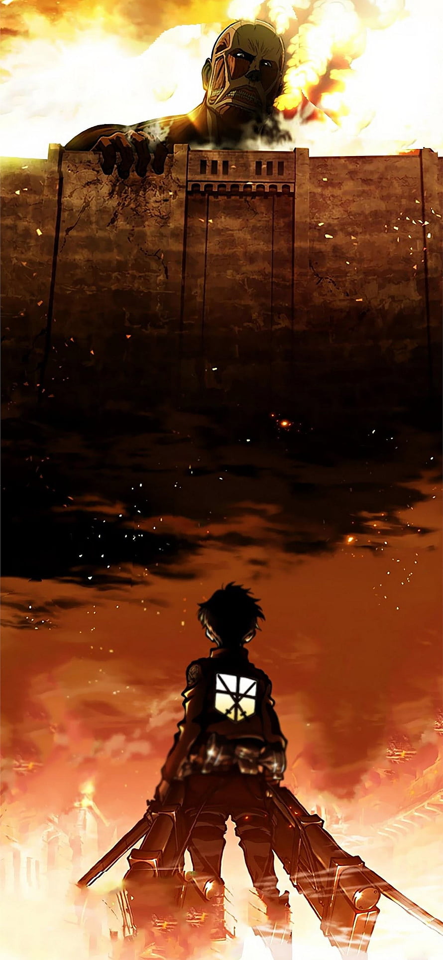 Eren Yeager facing the Colossal Titan over a burning wall in Attack on Titan HD phone wallpaper