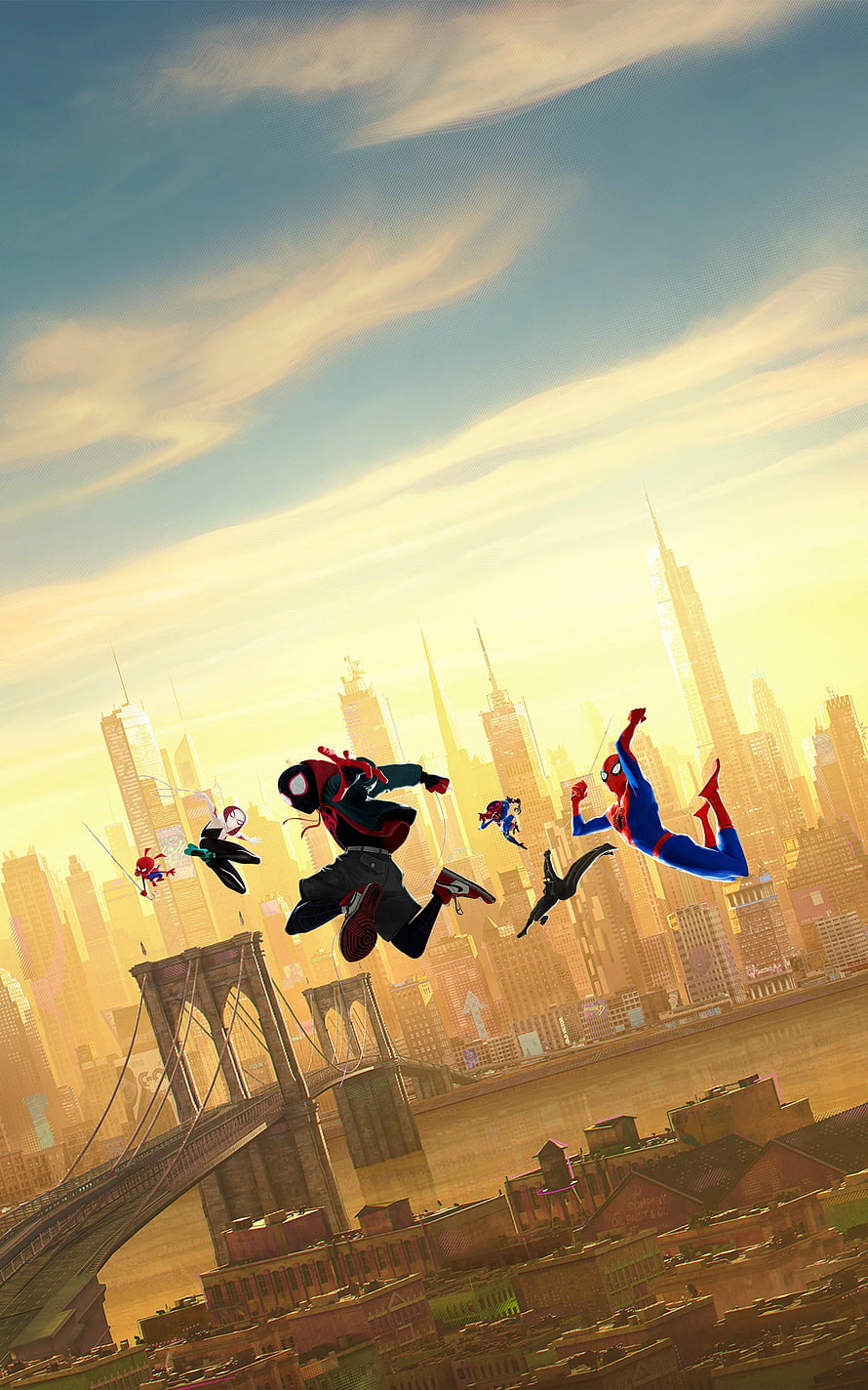 Spider-Man Into the Spider-Verse Animated Group Action Scene Over New York City Skyline, Into The Spider Verse , Backgrounds, spider man into the spider verse android HD phone wallpaper