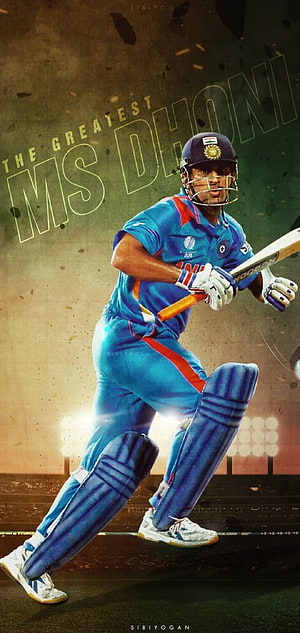 MS Dhoni in action wearing the Indian cricket team blue jersey, batting with a cricket bat on a stadium field HD phone wallpaper