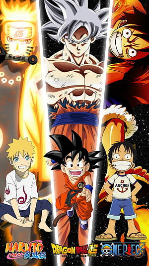 Naruto, Goku, and Luffy Anime Trio Wallpaper Featuring Baryon Mode, Ultra Instinct, and Gear 5 Transformations HD phone wallpaper