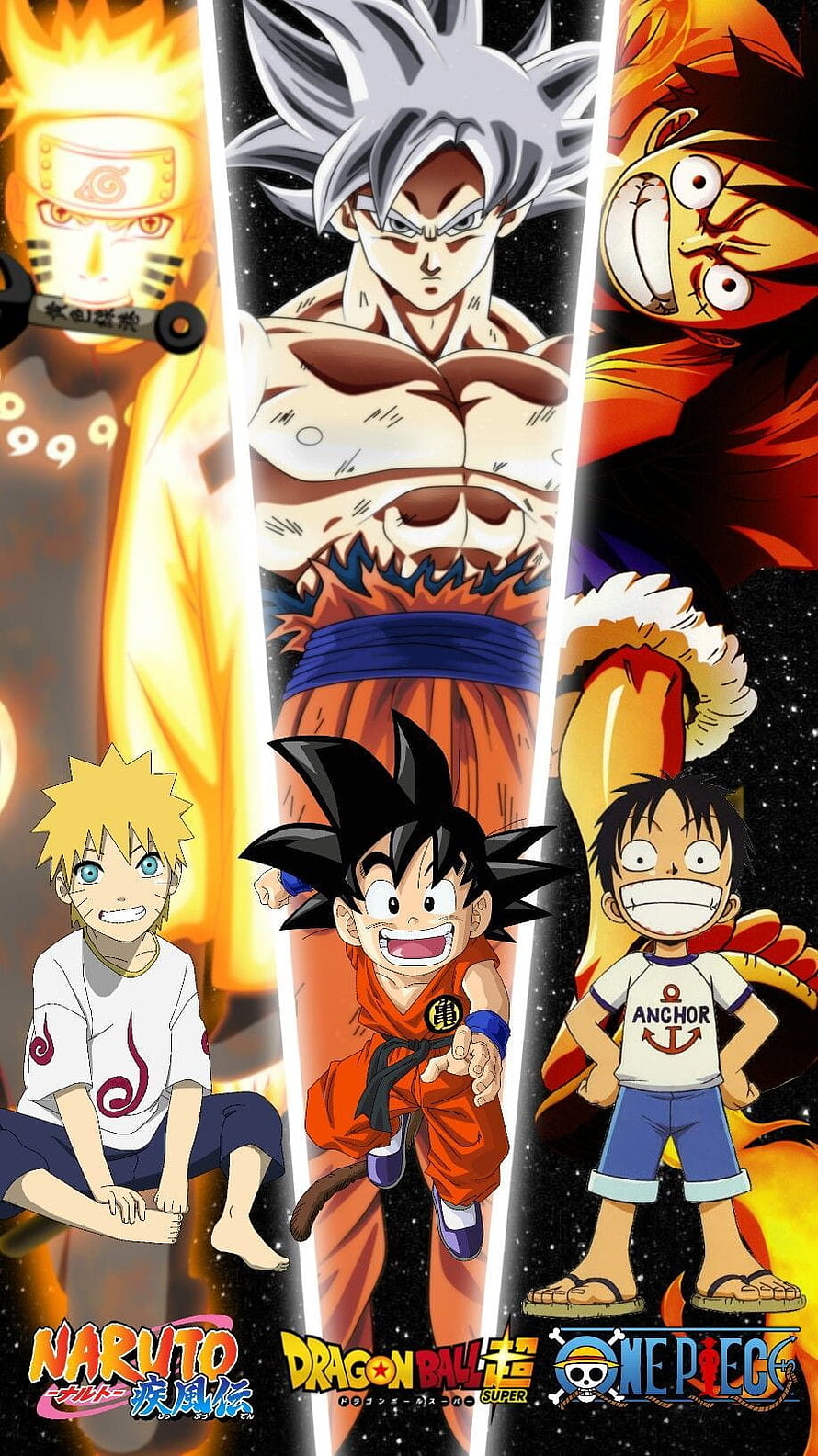 Naruto, Goku, and Luffy Anime Trio Wallpaper Featuring Baryon Mode, Ultra Instinct, and Gear 5 Transformations HD phone wallpaper