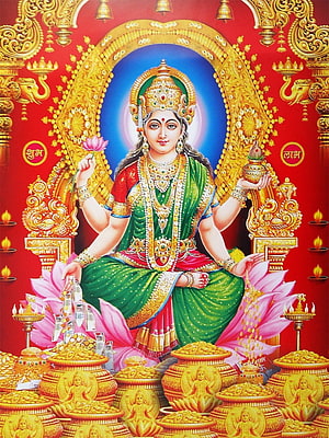 Goddess Lakshmi Sitting on Lotus with Gold Coins and Pots of Wealth HD phone wallpaper