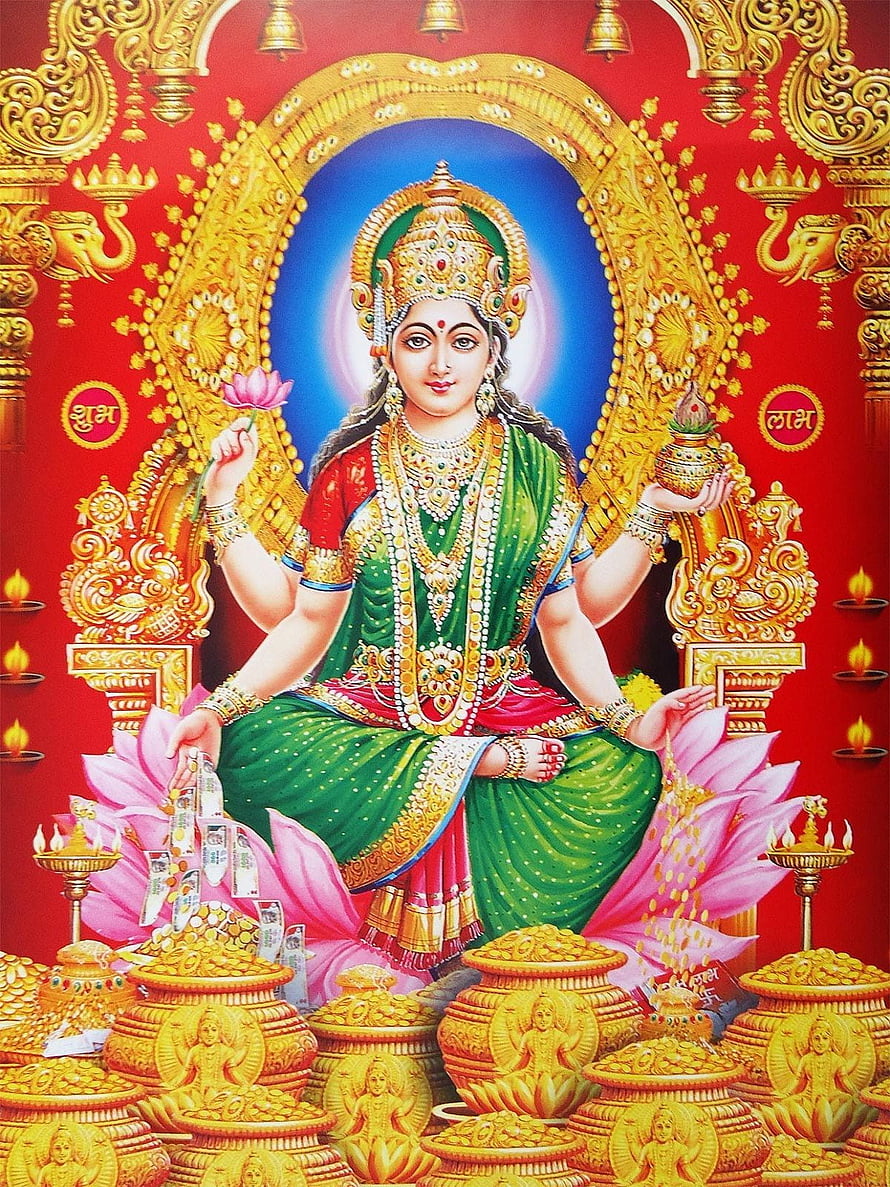 Goddess Lakshmi Sitting on Lotus with Gold Coins and Pots of Wealth HD phone wallpaper