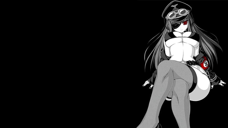 Anime Girl in Military Uniform with Goggles and Cap on Black Background HD wallpaper