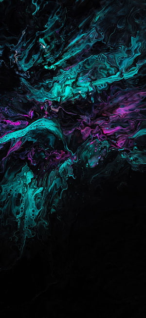 Dark Abstract Fluid Art with Neon Teal and Magenta Swirls on Black Background HD phone wallpaper