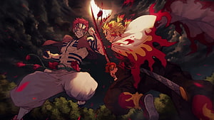 Demon Slayer: Rengoku and Akaza Clashing in a Fierce Sword Battle Under a Blood Moon HD wallpaper