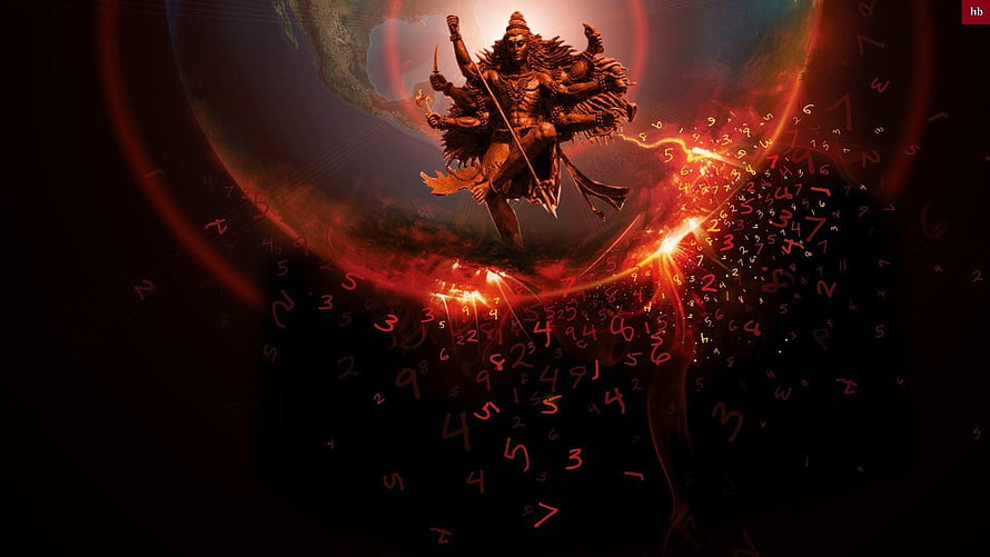 Lord Shiva Nataraja cosmic dance of destruction with glowing numbers and fiery energy HD wallpaper