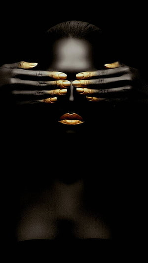 Dramatic Portrait of a Black Woman with Gold Lips and Fingernails Covering Her Eyes, Black woman by georgekev, black women gold HD phone wallpaper