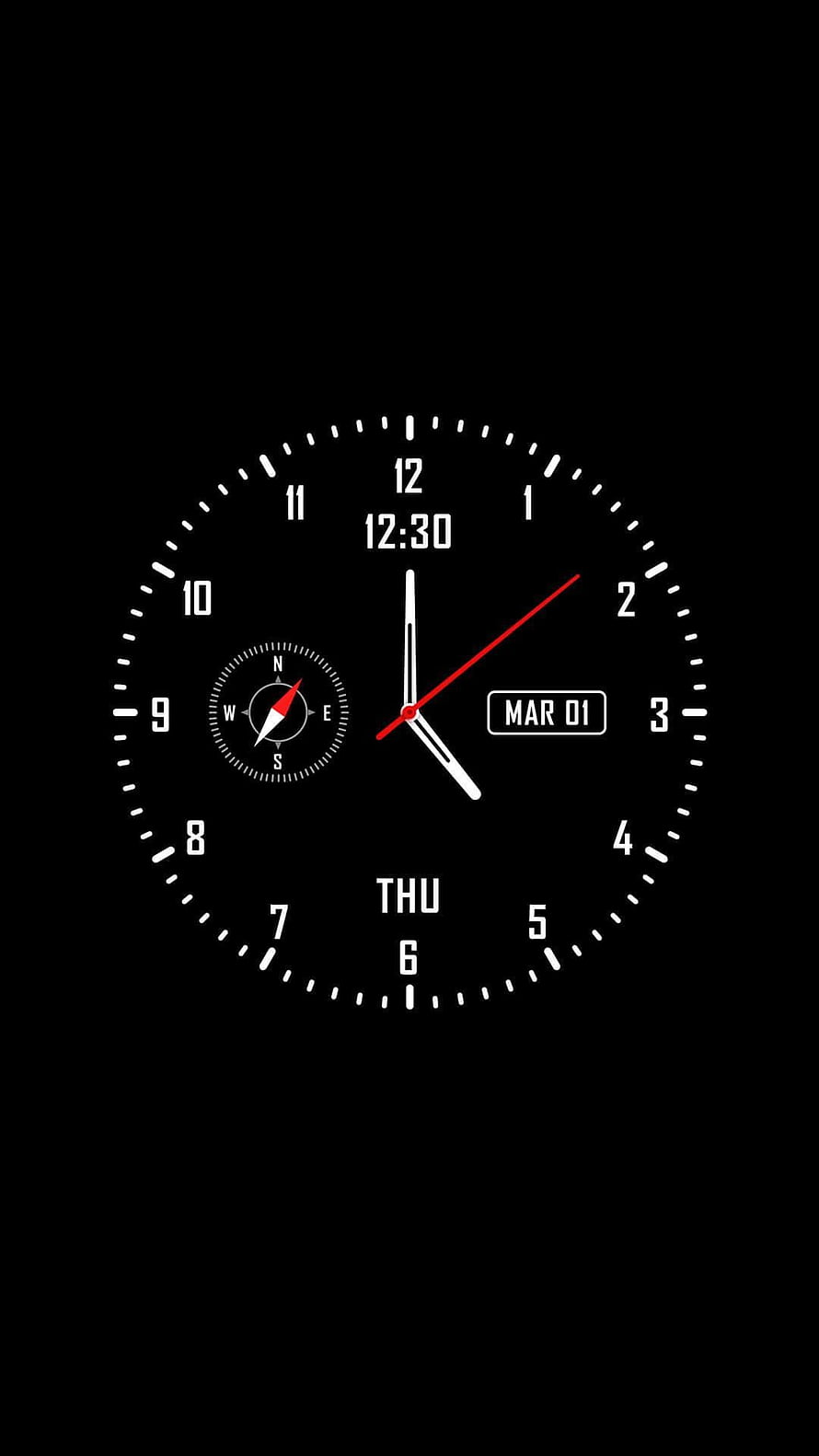 Minimalist Analog Clock Face with Compass and Date Display on Black Background HD phone wallpaper