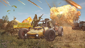 PlayerUnknown's Battlegrounds PUBG Yellow Buggy Off-Road Vehicle Action Scene HD wallpaper