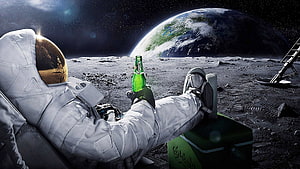 Astronaut Relaxing on the Moon with a Carlsberg Beer and Earth in the Background HD wallpaper