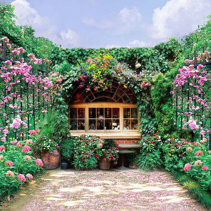 Charming English Garden Cottage with Arched Window and Lush Pink Roses HD phone wallpaper
