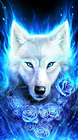 Mystical White Wolf With Blue Flames And Glowing Roses Fantasy Art HD phone wallpaper
