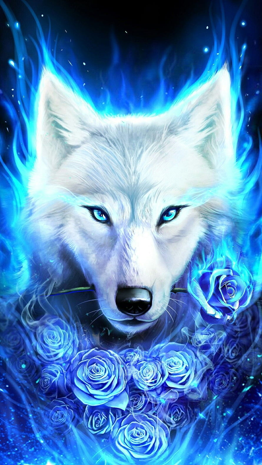 Mystical White Wolf With Blue Flames And Glowing Roses Fantasy Art HD phone wallpaper