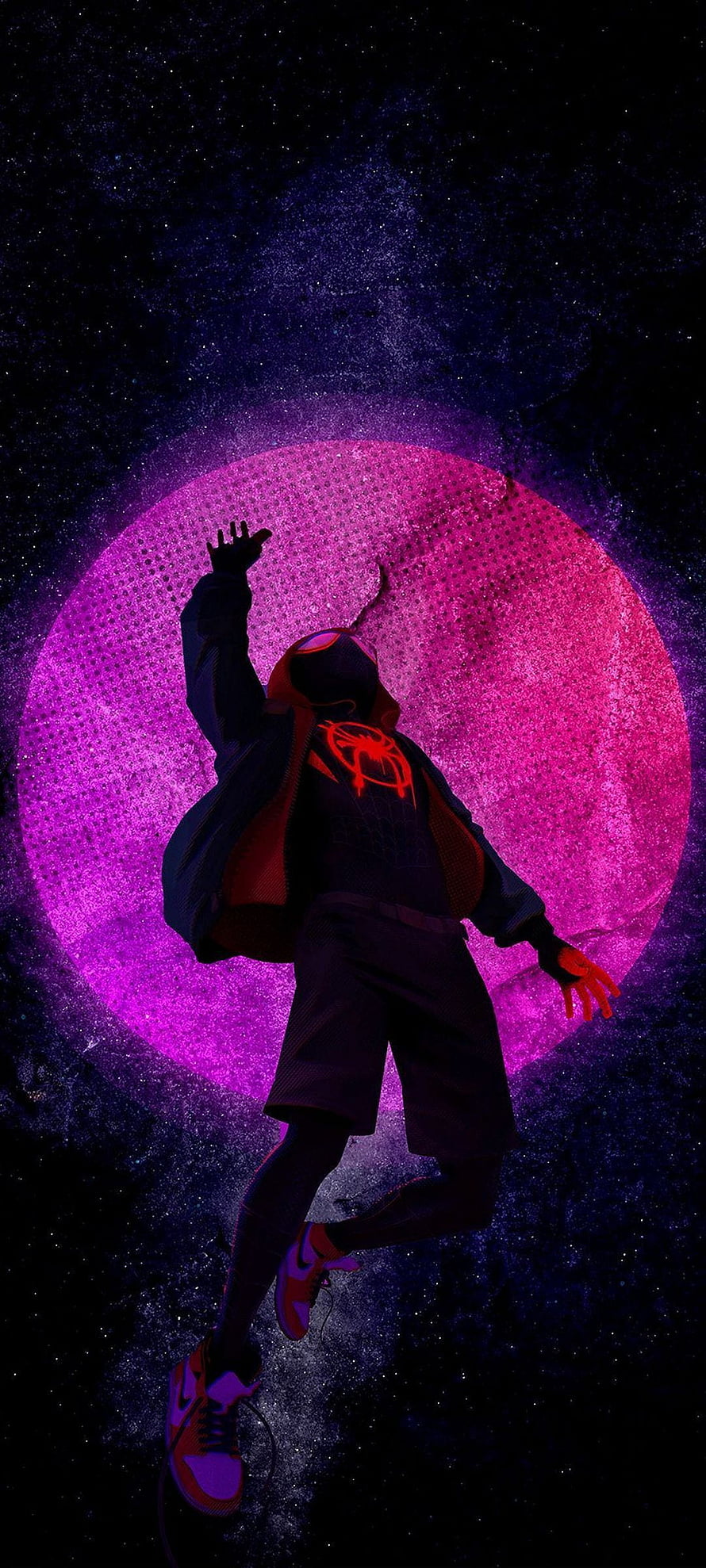 Miles Morales Spider-Man Leaping Silhouette Against Glowing Purple Moon, 4 1080x2400, 1080x2400 anime HD phone wallpaper