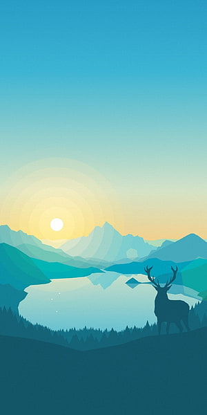 Firewatch Minimalist Landscape with Deer Silhouette and Mountain Lake at Sunrise HD phone wallpaper