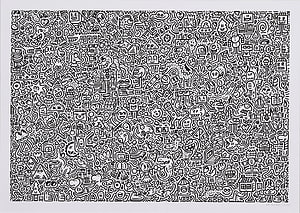 Black and white doodle art wallpaper featuring a dense pattern of cartoon characters, symbols, and abstract shapes HD wallpaper