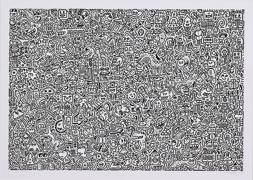 Black and white doodle art wallpaper featuring a dense pattern of cartoon characters, symbols, and abstract shapes HD wallpaper