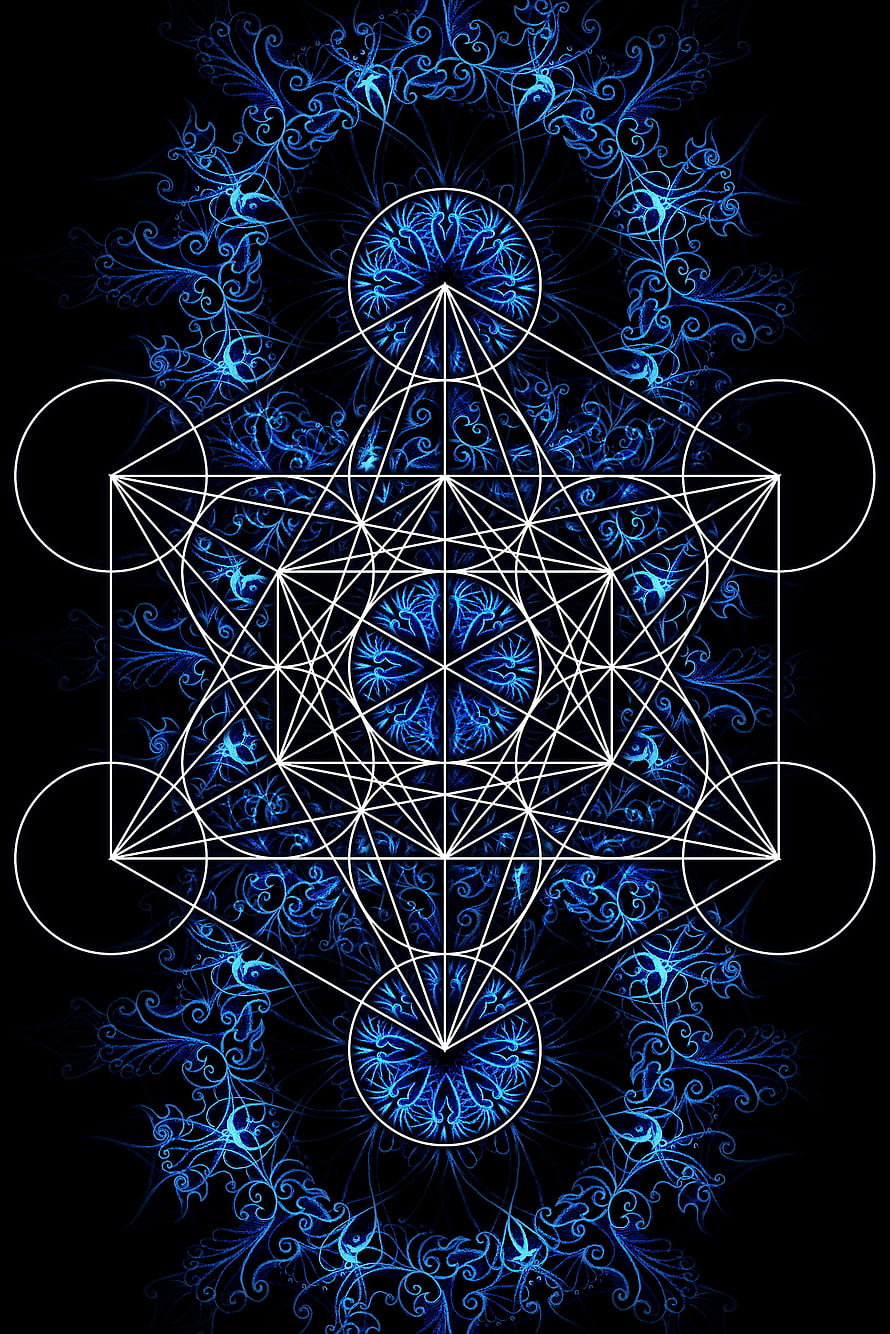 Merkaba Sacred Geometry Star Pattern With Blue Fractal Ornamentation On Black Background HD phone wallpaper