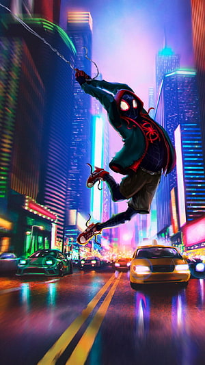 Miles Morales swinging through a neon-lit cityscape in Spider-Verse animated style HD phone wallpaper