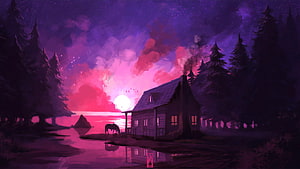 Cozy Cabin by the Lake at Twilight with a Horse and Starry Sky HD wallpaper